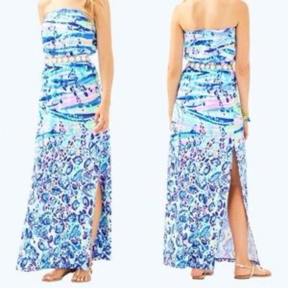 Lilly Pulitzer Mika Strapless Maxi Dress Chasing Waves Engineered Blue Current - Picture 1 of 8